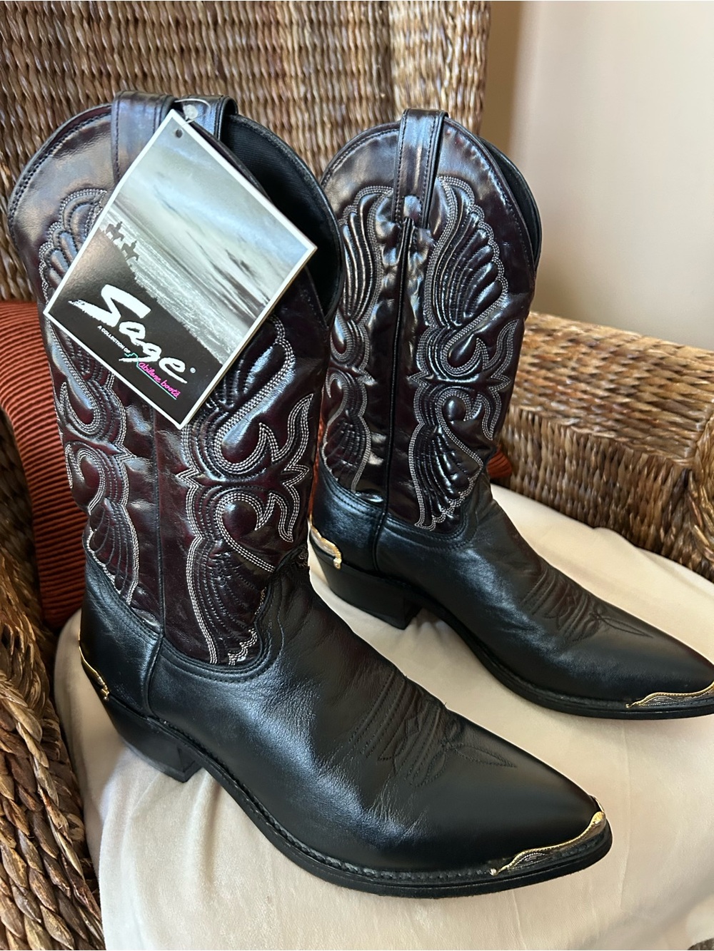 Sage Black and Dark Brown Leather Western Cowboy Boots with Gold Toe Caps